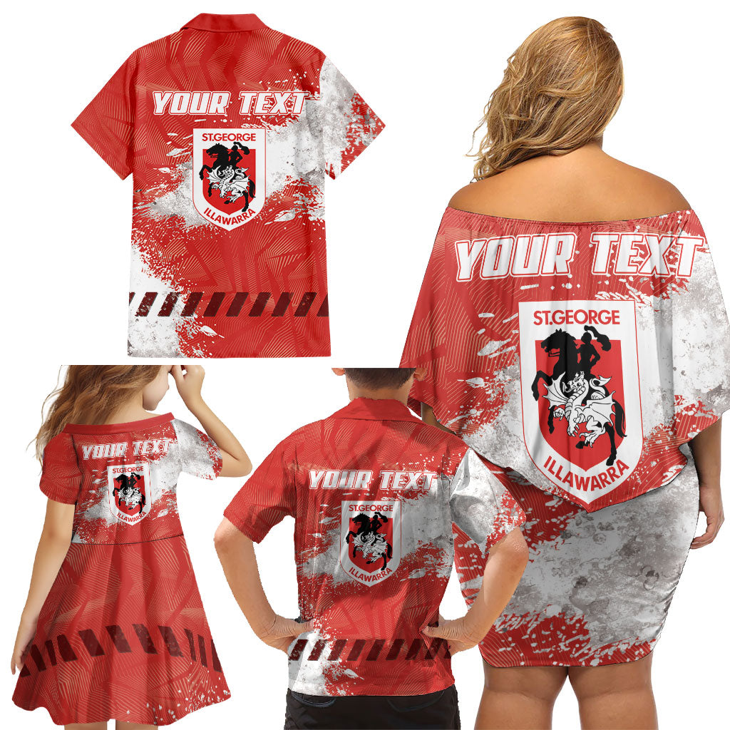 Personalised St. George Illawarra Dragons Rugby Family Matching Off Shoulder Short Dress and Hawaiian Shirt Red Dragon Mascot - Sporty Splash Art Style