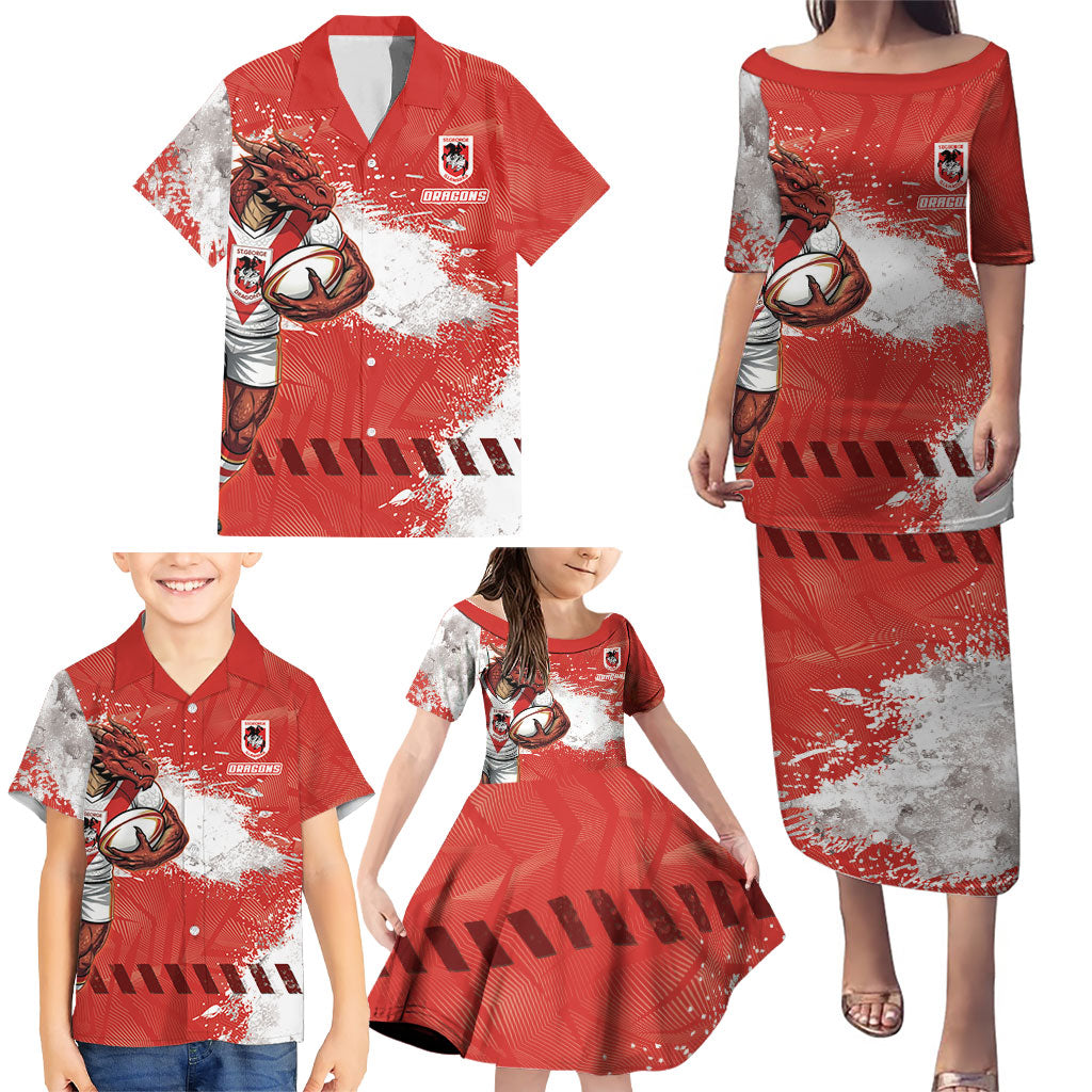 Personalised St. George Illawarra Dragons Rugby Family Matching Puletasi and Hawaiian Shirt Red Dragon Mascot - Sporty Splash Art Style