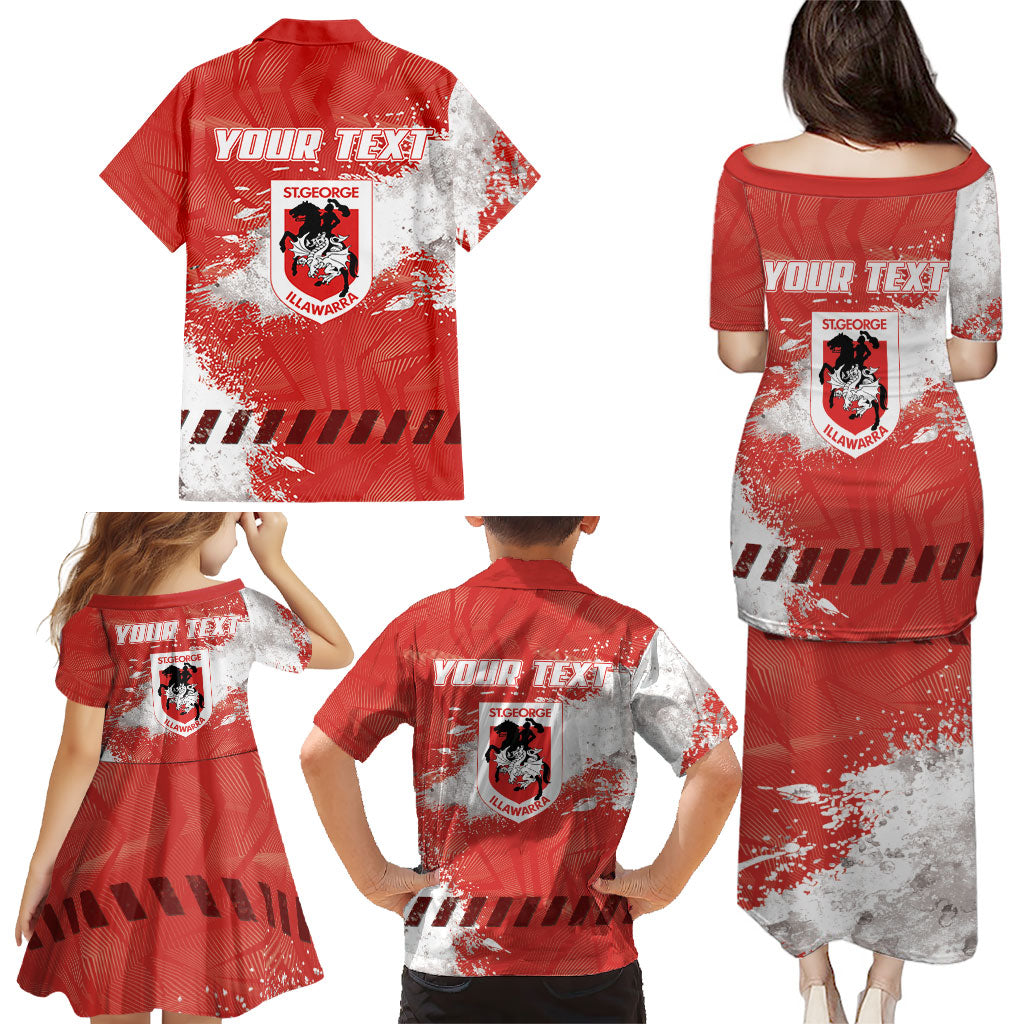 Personalised St. George Illawarra Dragons Rugby Family Matching Puletasi and Hawaiian Shirt Red Dragon Mascot - Sporty Splash Art Style
