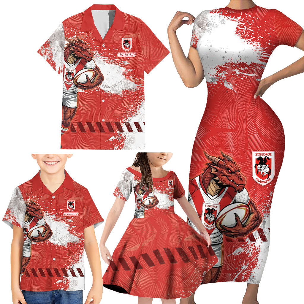 Personalised St. George Illawarra Dragons Rugby Family Matching Short Sleeve Bodycon Dress and Hawaiian Shirt Red Dragon Mascot - Sporty Splash Art Style