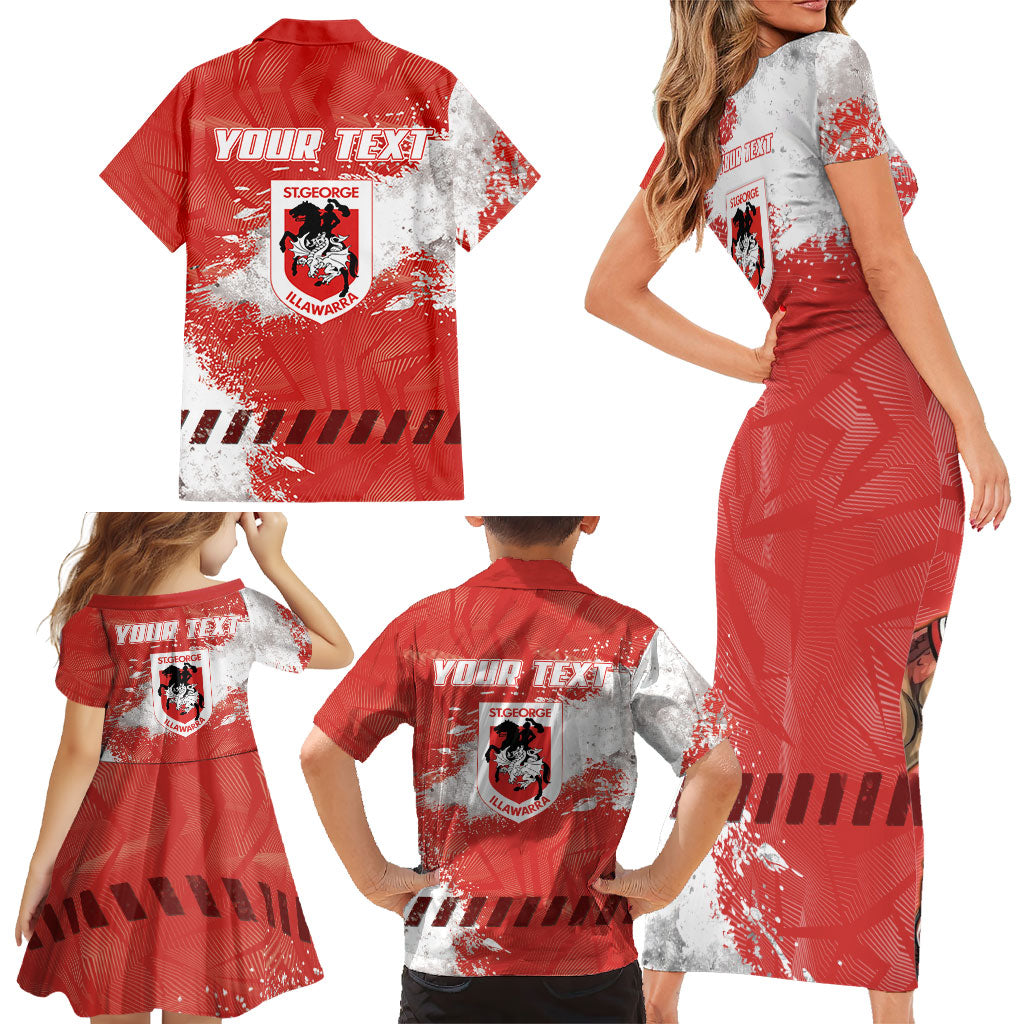 Personalised St. George Illawarra Dragons Rugby Family Matching Short Sleeve Bodycon Dress and Hawaiian Shirt Red Dragon Mascot - Sporty Splash Art Style