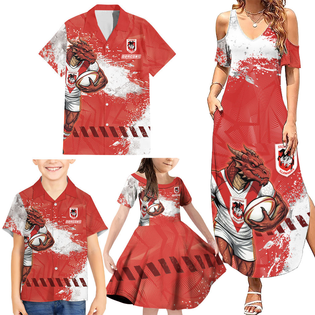 Personalised St. George Illawarra Dragons Rugby Family Matching Summer Maxi Dress and Hawaiian Shirt Red Dragon Mascot - Sporty Splash Art Style