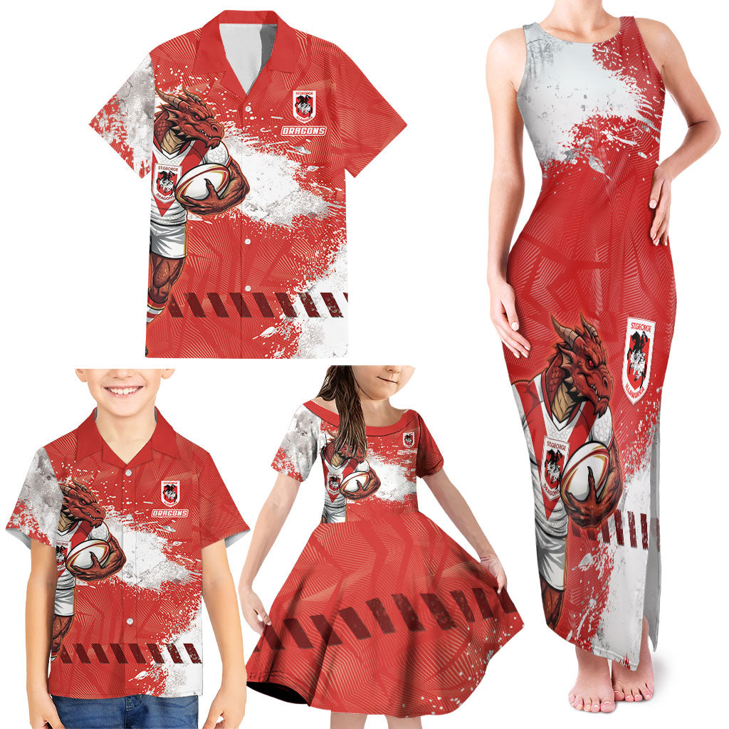Personalised St. George Illawarra Dragons Rugby Family Matching Tank Maxi Dress and Hawaiian Shirt Red Dragon Mascot - Sporty Splash Art Style