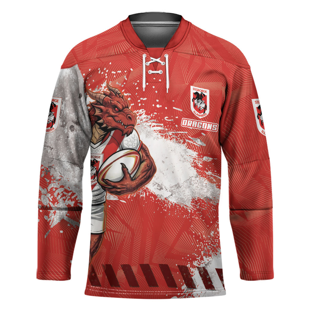 Personalised St. George Illawarra Dragons Rugby Hockey Jersey Red Dragon Mascot - Sporty Splash Art Style
