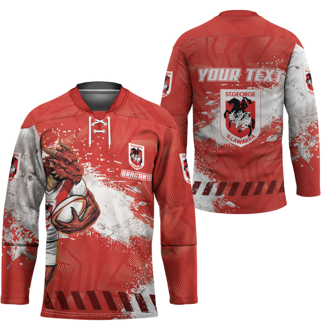 Personalised St. George Illawarra Dragons Rugby Hockey Jersey Red Dragon Mascot - Sporty Splash Art Style