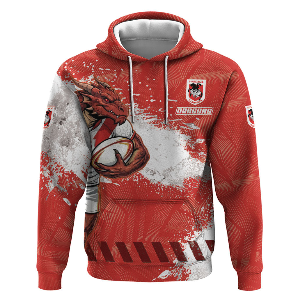 Personalised St. George Illawarra Dragons Rugby Hoodie Red Dragon Mascot - Sporty Splash Art Style