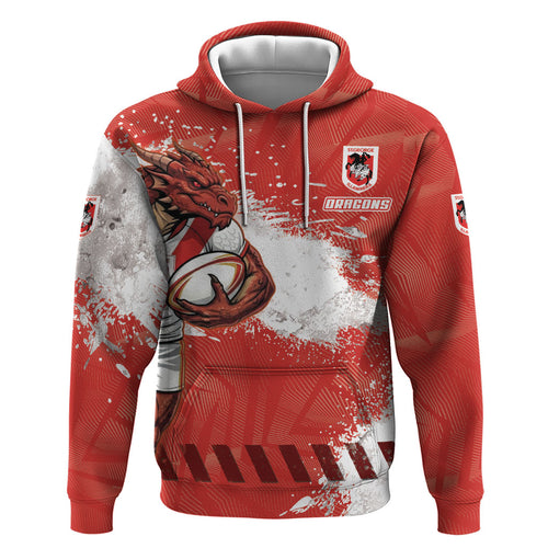 Personalised St. George Illawarra Dragons Rugby Hoodie Red Dragon Mascot - Sporty Splash Art Style