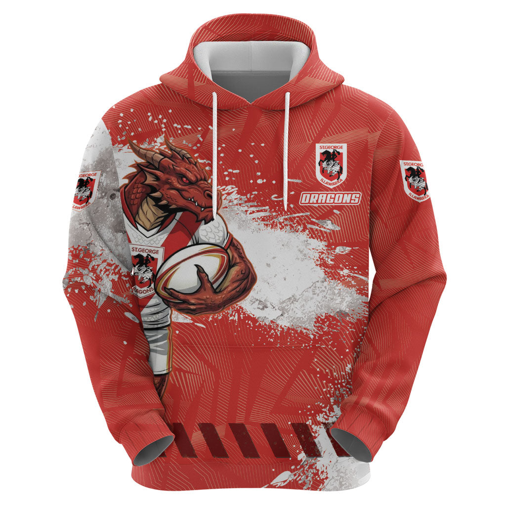 Personalised St. George Illawarra Dragons Rugby Hoodie Red Dragon Mascot - Sporty Splash Art Style
