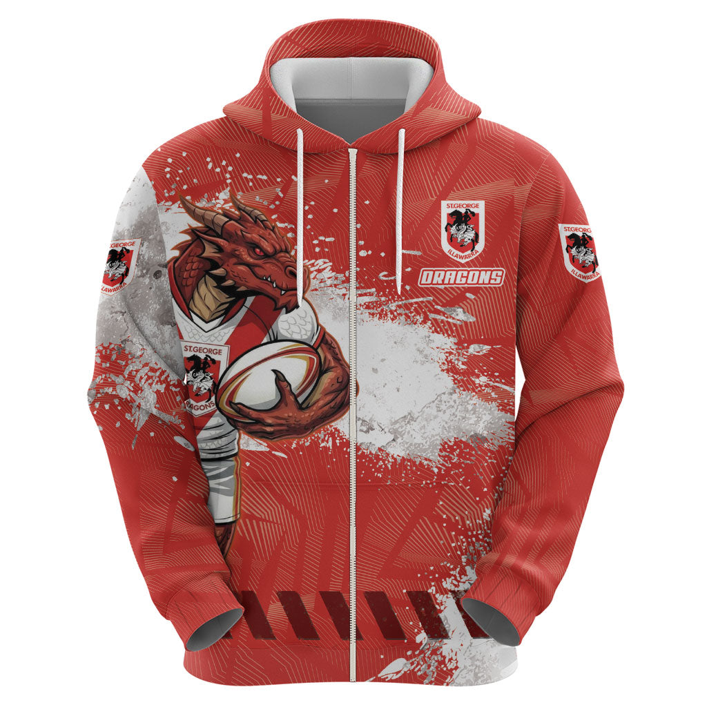 Personalised St. George Illawarra Dragons Rugby Hoodie Red Dragon Mascot - Sporty Splash Art Style