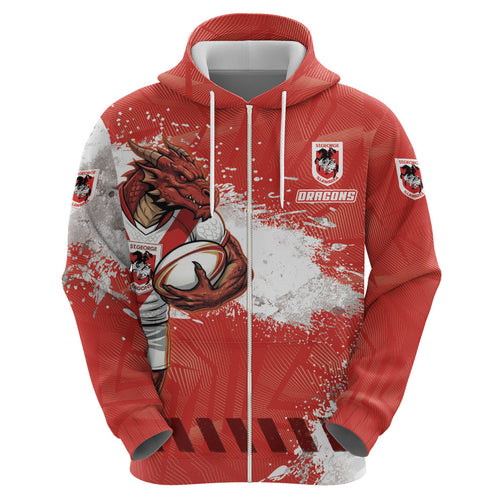 Personalised St. George Illawarra Dragons Rugby Hoodie Red Dragon Mascot - Sporty Splash Art Style