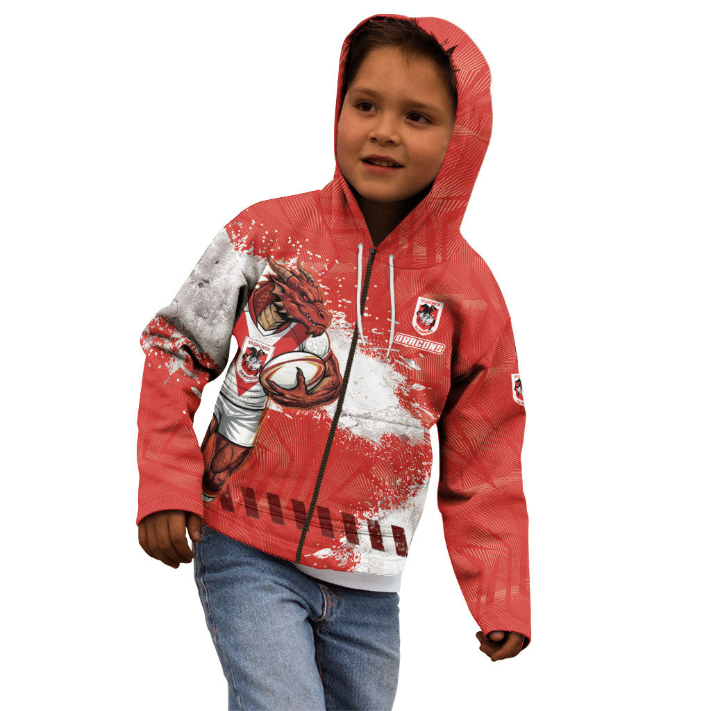Personalised St. George Illawarra Dragons Rugby Kid Hoodie Red Dragon Mascot - Sporty Splash Art Style