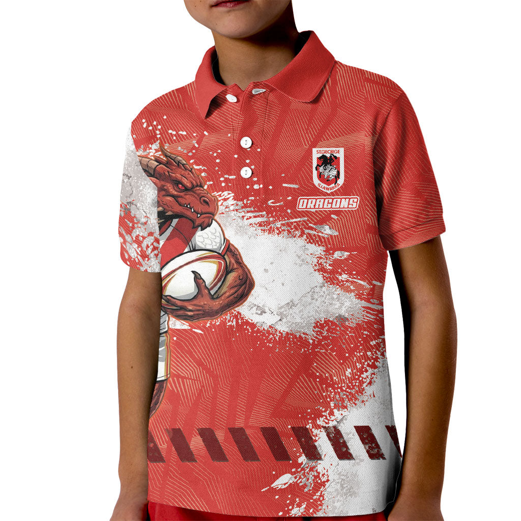 Personalised St. George Illawarra Dragons Rugby Kid Polo Shirt Red Dragon Mascot - Sporty Splash Art Style