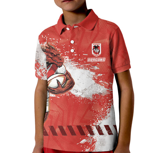 Personalised St. George Illawarra Dragons Rugby Kid Polo Shirt Red Dragon Mascot - Sporty Splash Art Style