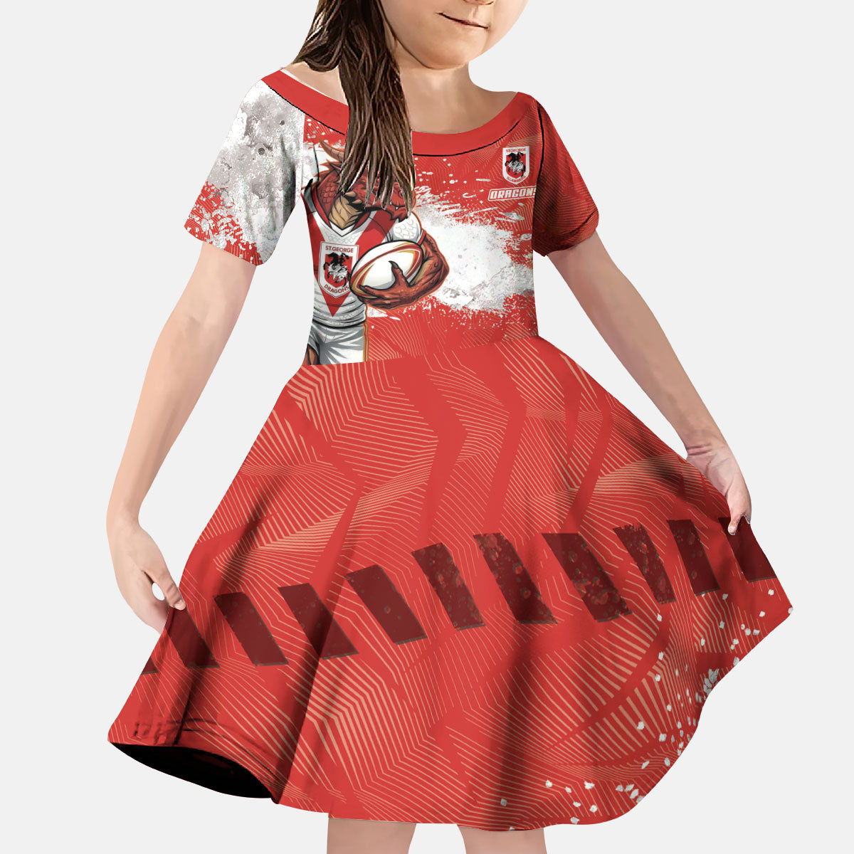 Personalised St. George Illawarra Dragons Rugby Kid Short Sleeve Dress Red Dragon Mascot - Sporty Splash Art Style