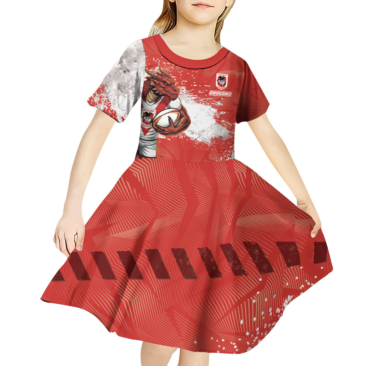 Personalised St. George Illawarra Dragons Rugby Kid Short Sleeve Dress Red Dragon Mascot - Sporty Splash Art Style