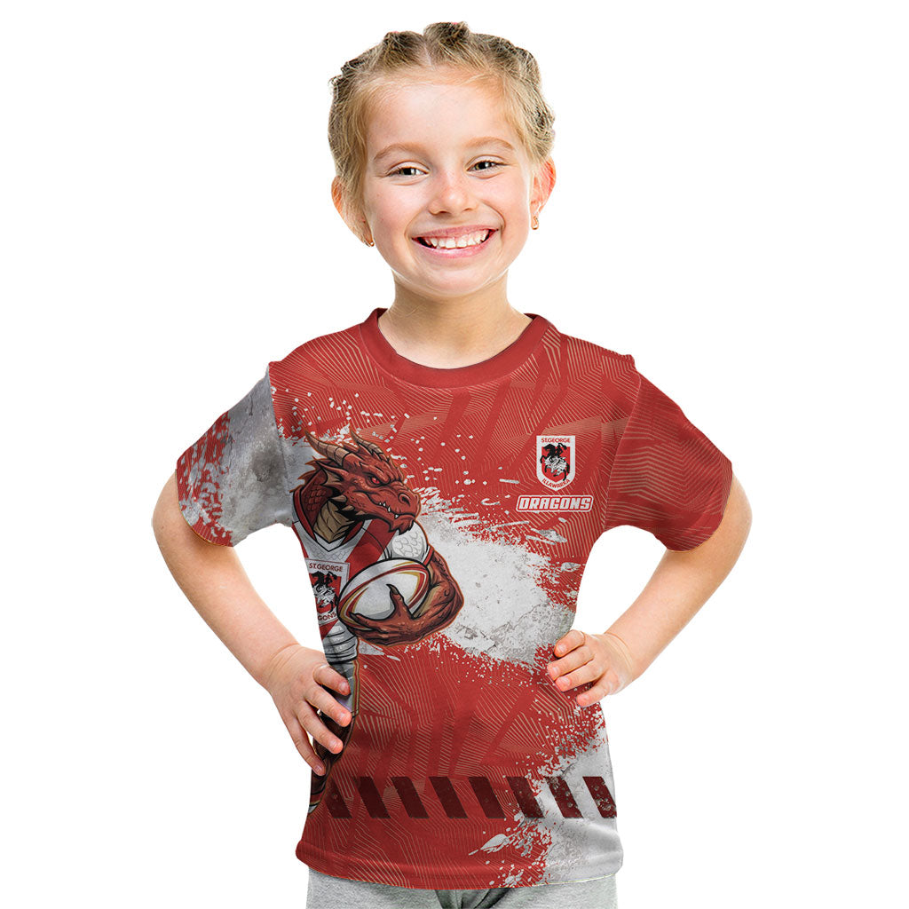 Personalised St. George Illawarra Dragons Rugby Kid T Shirt Red Dragon Mascot - Sporty Splash Art Style