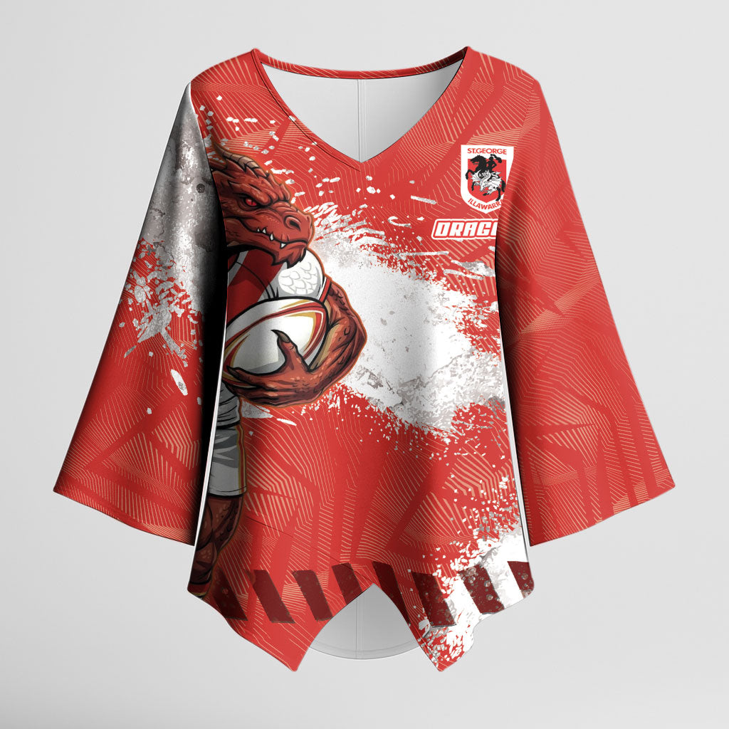 Personalised St. George Illawarra Dragons Rugby Kimono Sleeve Blouse Red Dragon Mascot - Sporty Splash Art Style