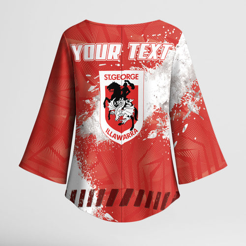 Personalised St. George Illawarra Dragons Rugby Kimono Sleeve Blouse Red Dragon Mascot - Sporty Splash Art Style