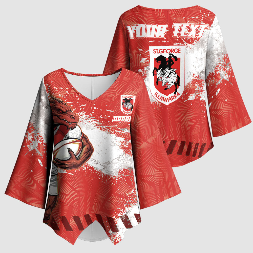 Personalised St. George Illawarra Dragons Rugby Kimono Sleeve Blouse Red Dragon Mascot - Sporty Splash Art Style