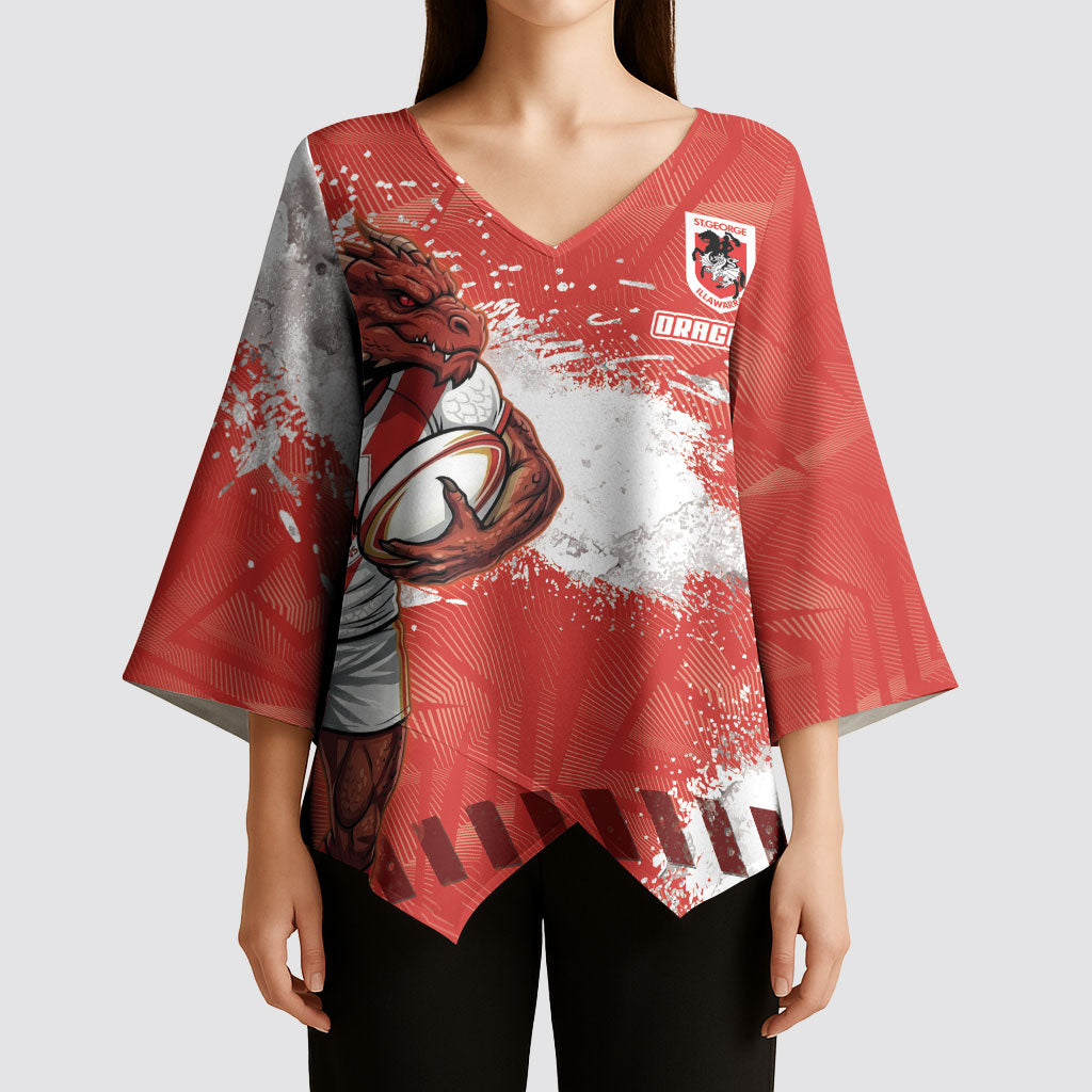 Personalised St. George Illawarra Dragons Rugby Kimono Sleeve Blouse Red Dragon Mascot - Sporty Splash Art Style