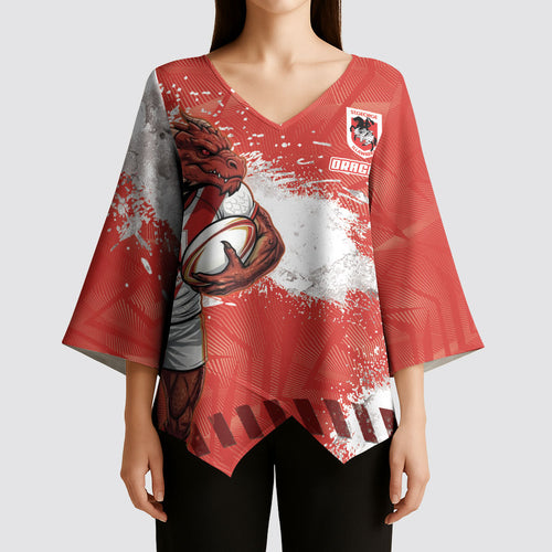Personalised St. George Illawarra Dragons Rugby Kimono Sleeve Blouse Red Dragon Mascot - Sporty Splash Art Style