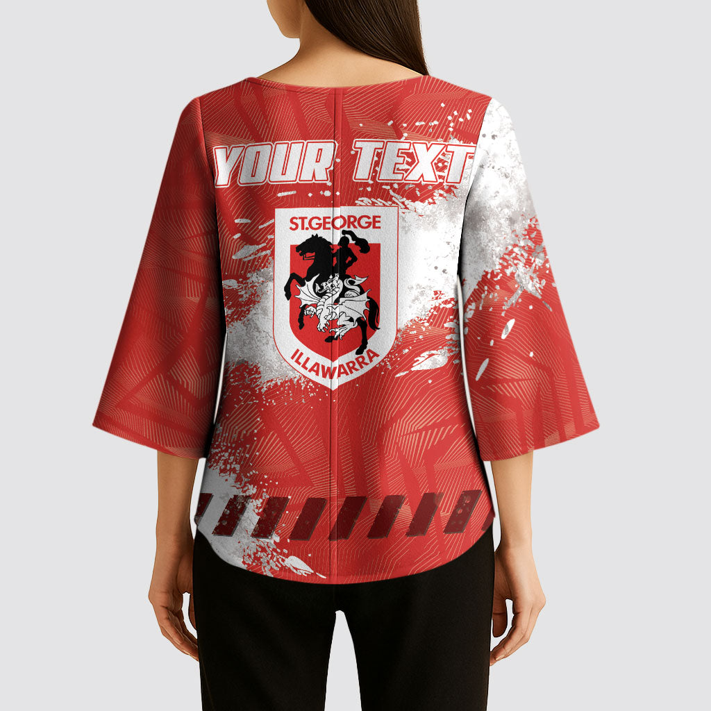 Personalised St. George Illawarra Dragons Rugby Kimono Sleeve Blouse Red Dragon Mascot - Sporty Splash Art Style