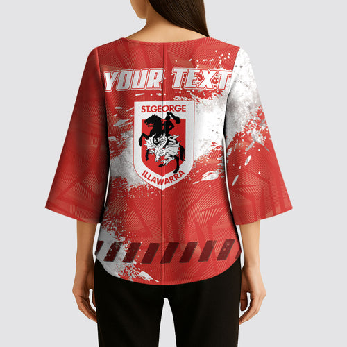 Personalised St. George Illawarra Dragons Rugby Kimono Sleeve Blouse Red Dragon Mascot - Sporty Splash Art Style