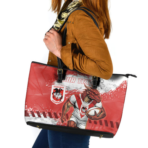 Personalised St. George Illawarra Dragons Rugby Leather Tote Bag Red Dragon Mascot - Sporty Splash Art Style