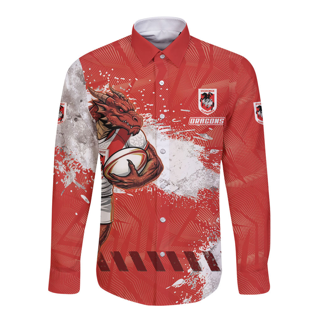 Personalised St. George Illawarra Dragons Rugby Long Sleeve Button Shirt Red Dragon Mascot - Sporty Splash Art Style