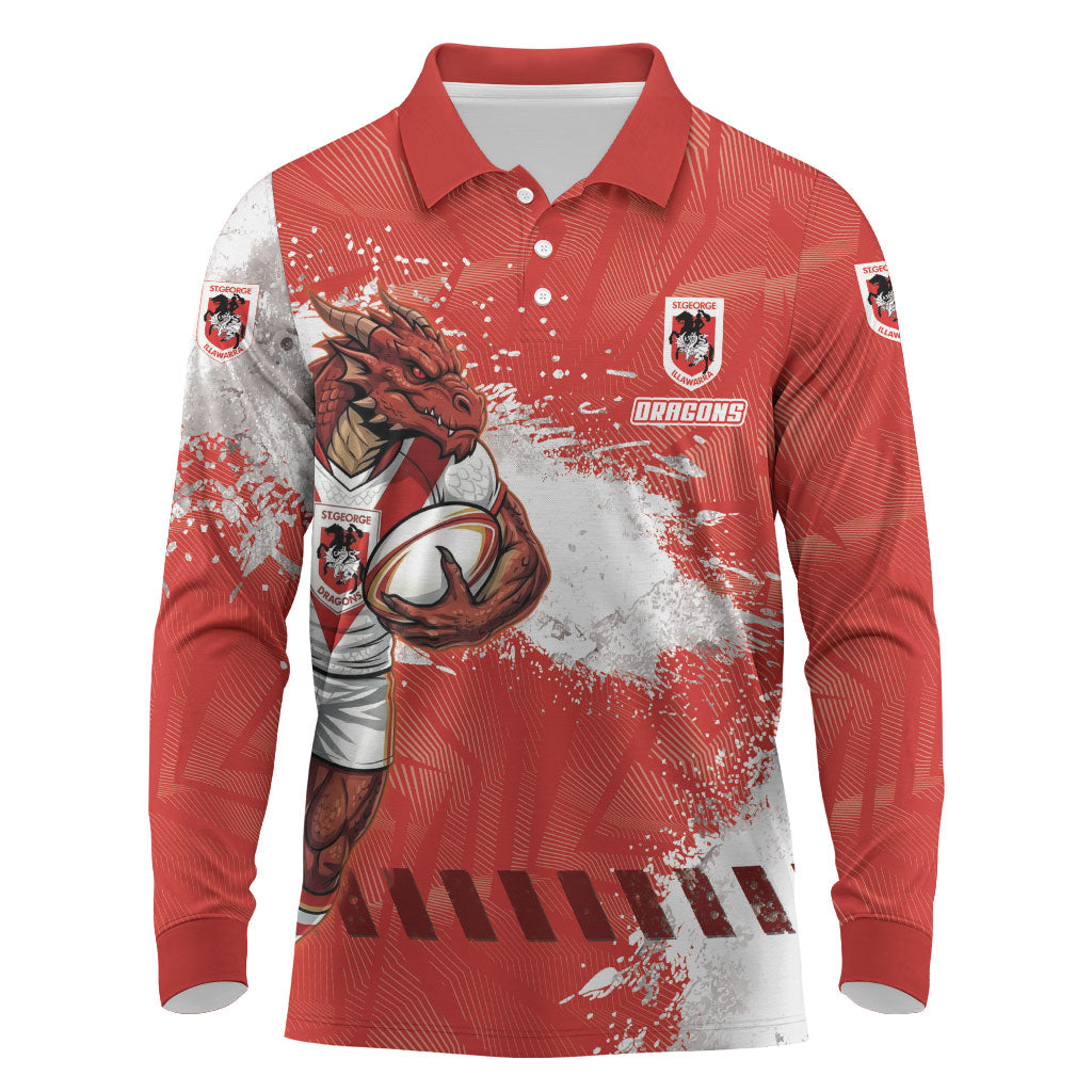 Personalised St. George Illawarra Dragons Rugby Long Sleeve Polo Shirt Red Dragon Mascot - Sporty Splash Art Style