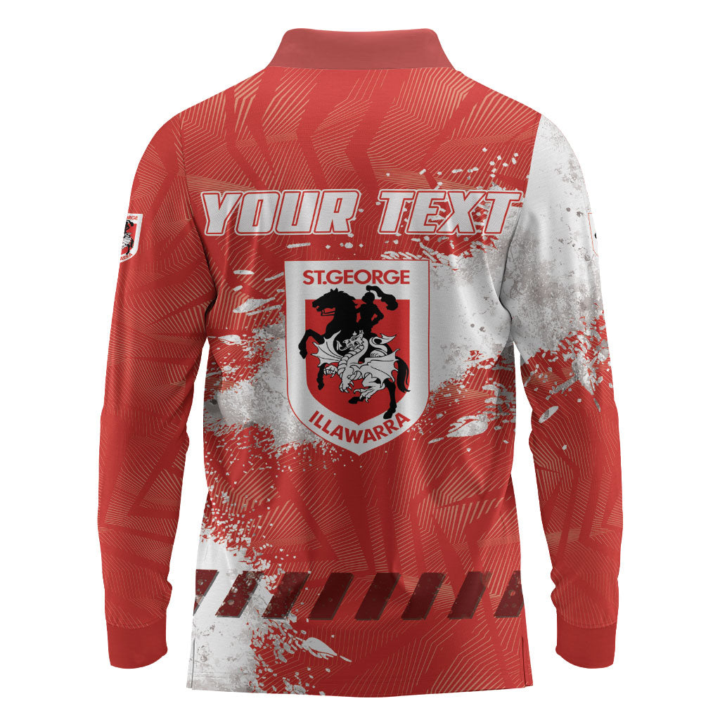 Personalised St. George Illawarra Dragons Rugby Long Sleeve Polo Shirt Red Dragon Mascot - Sporty Splash Art Style