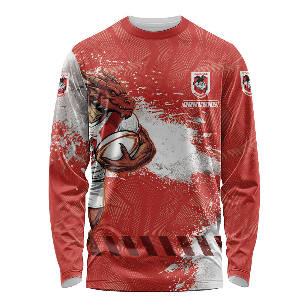 Personalised St. George Illawarra Dragons Rugby Long Sleeve Shirt Red Dragon Mascot - Sporty Splash Art Style