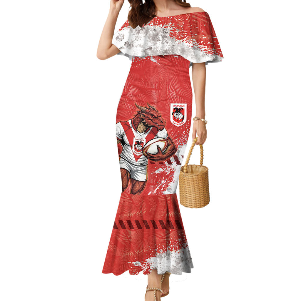 Personalised St. George Illawarra Dragons Rugby Mermaid Dress Red Dragon Mascot - Sporty Splash Art Style