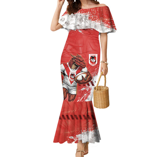 Personalised St. George Illawarra Dragons Rugby Mermaid Dress Red Dragon Mascot - Sporty Splash Art Style