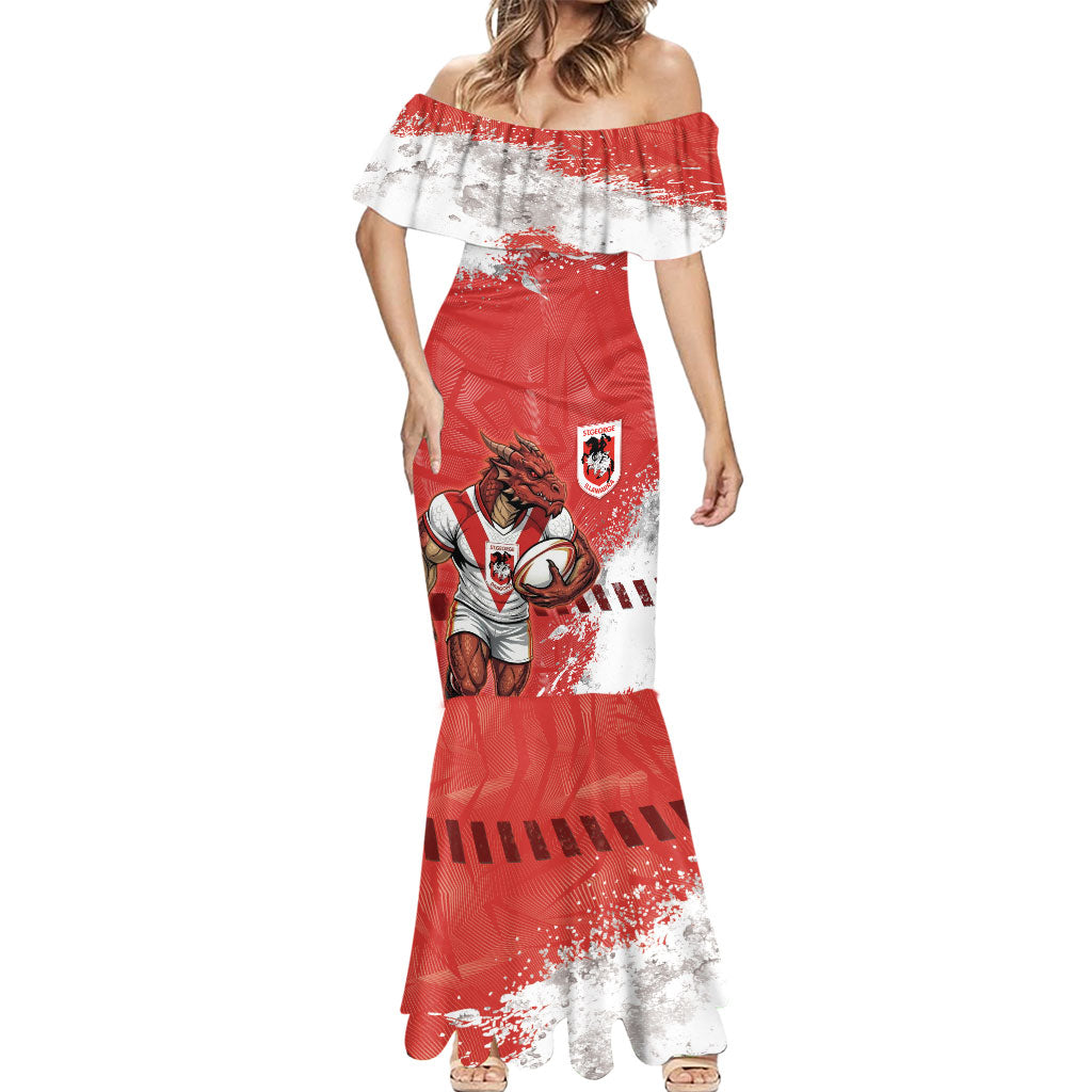 Personalised St. George Illawarra Dragons Rugby Mermaid Dress Red Dragon Mascot - Sporty Splash Art Style