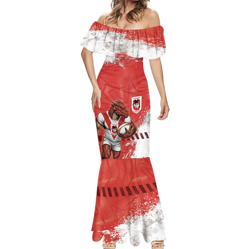 Personalised St. George Illawarra Dragons Rugby Mermaid Dress Red Dragon Mascot - Sporty Splash Art Style