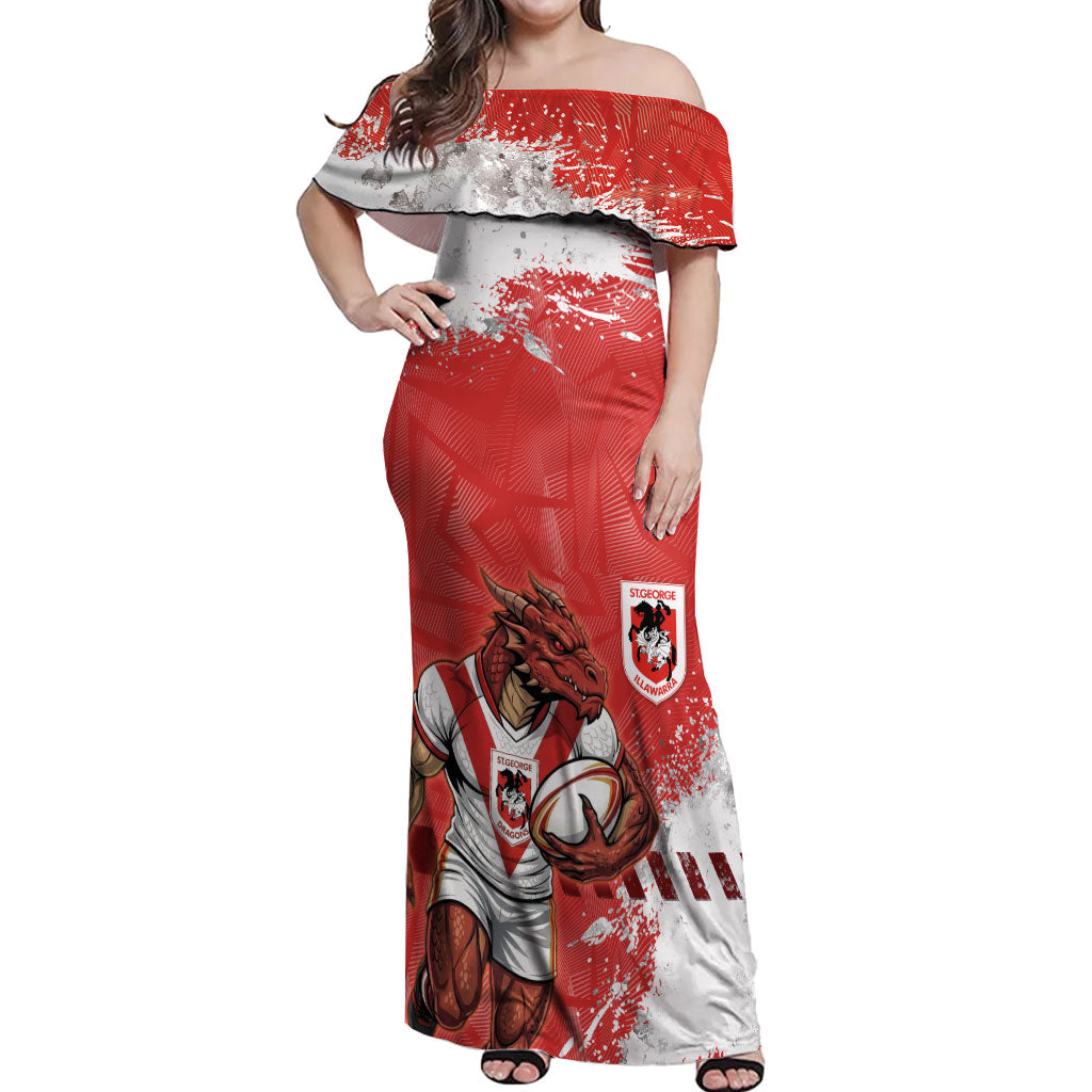 Personalised St. George Illawarra Dragons Rugby Off Shoulder Maxi Dress Red Dragon Mascot - Sporty Splash Art Style