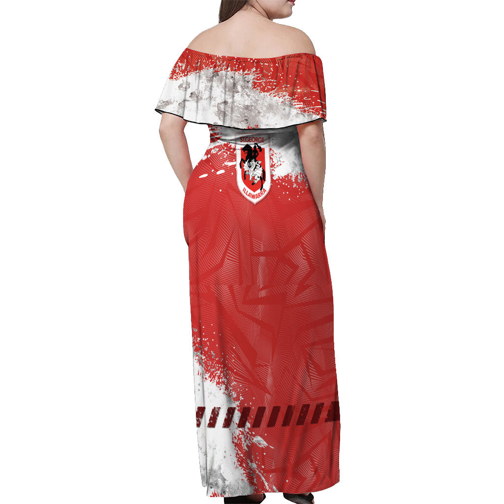 Personalised St. George Illawarra Dragons Rugby Off Shoulder Maxi Dress Red Dragon Mascot - Sporty Splash Art Style