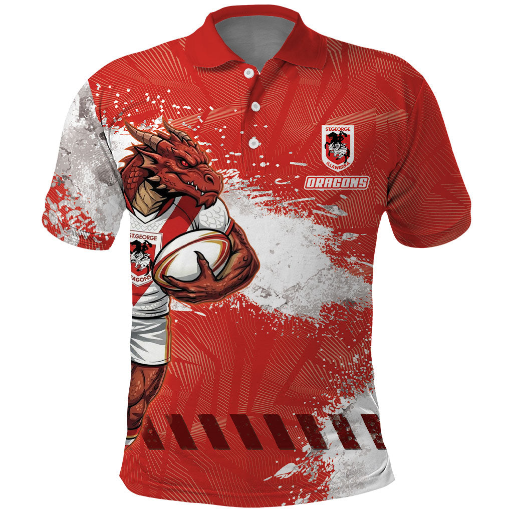 Personalised St. George Illawarra Dragons Rugby Polo Shirt Red Dragon Mascot - Sporty Splash Art Style