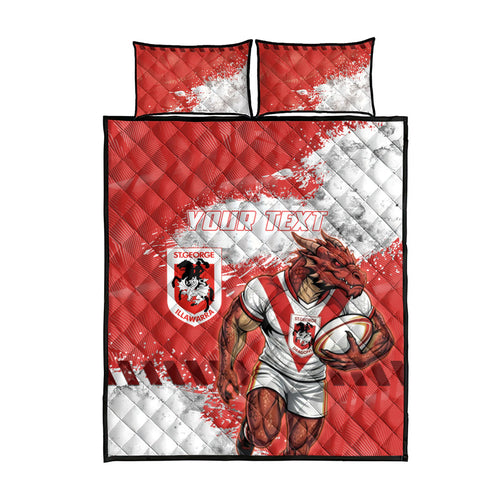 Personalised St. George Illawarra Dragons Rugby Quilt Bed Set Red Dragon Mascot - Sporty Splash Art Style