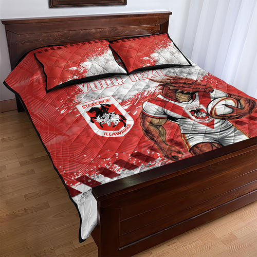 Personalised St. George Illawarra Dragons Rugby Quilt Bed Set Red Dragon Mascot - Sporty Splash Art Style