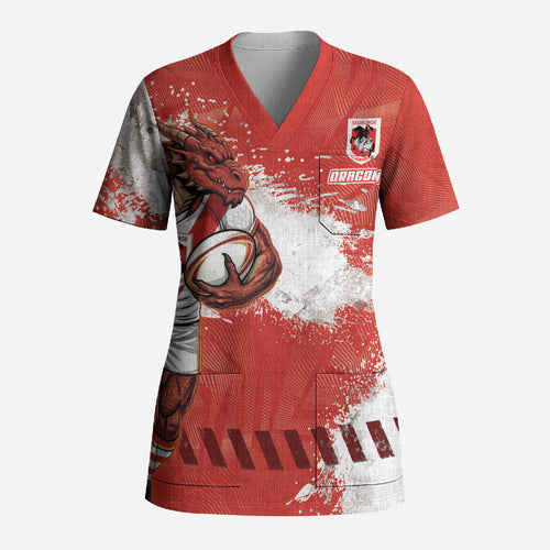 Personalised St. George Illawarra Dragons Rugby Scrub Top Red Dragon Mascot - Sporty Splash Art Style