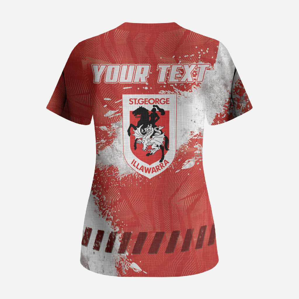 Personalised St. George Illawarra Dragons Rugby Scrub Top Red Dragon Mascot - Sporty Splash Art Style