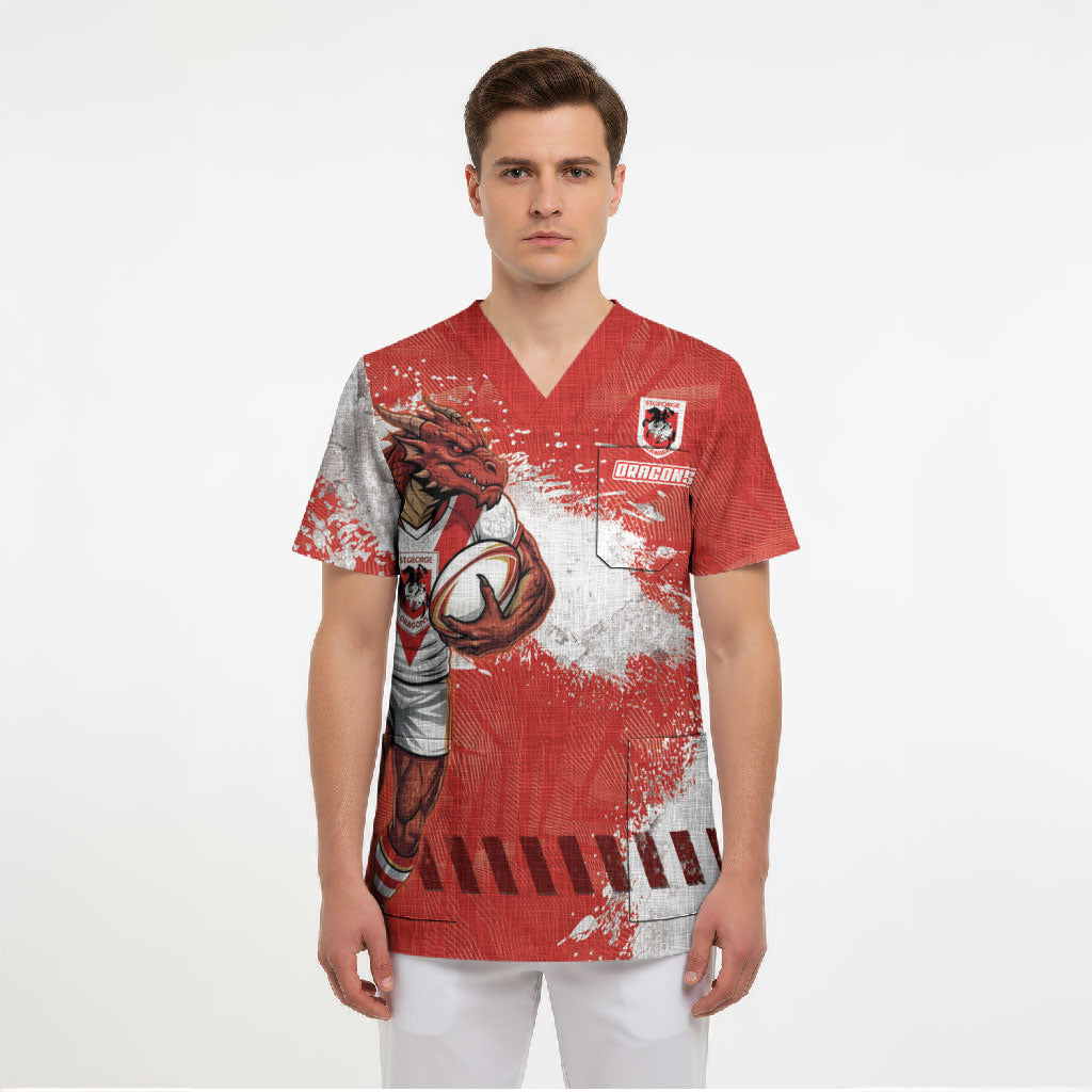 Personalised St. George Illawarra Dragons Rugby Scrub Top Red Dragon Mascot - Sporty Splash Art Style