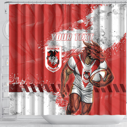 Personalised St. George Illawarra Dragons Rugby Shower Curtain Red Dragon Mascot - Sporty Splash Art Style