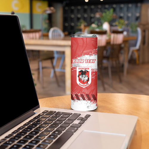 Personalised St. George Illawarra Dragons Rugby Skinny Tumbler Red Dragon Mascot - Sporty Splash Art Style