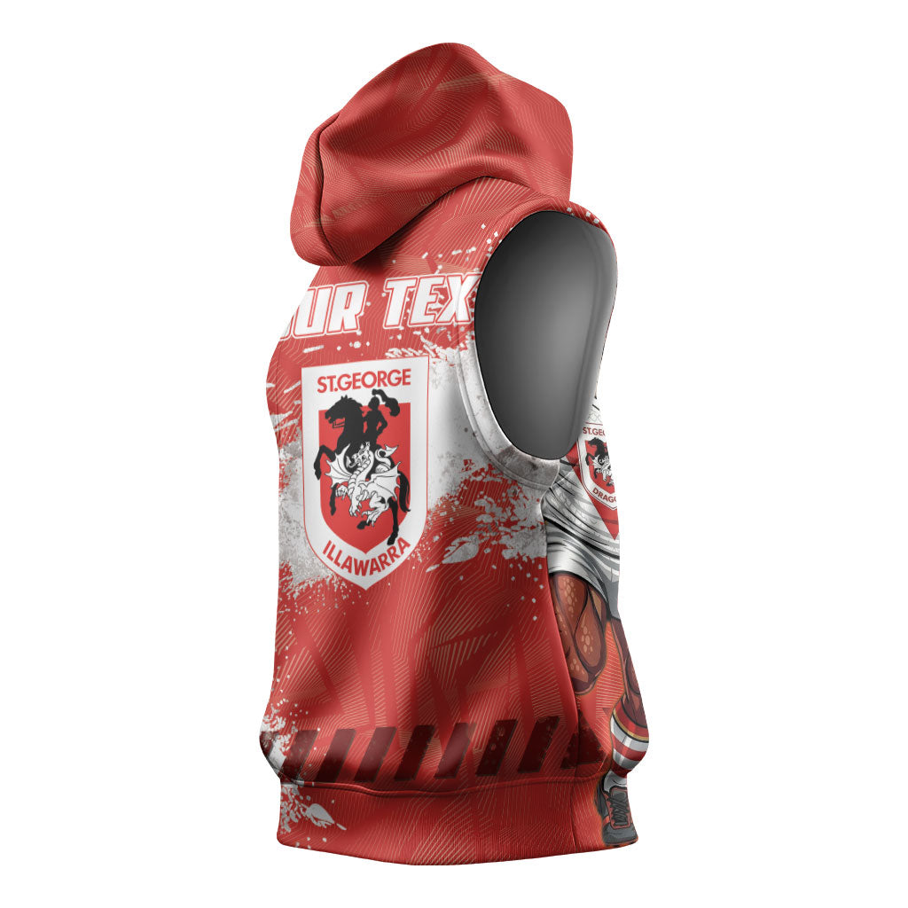 Personalised St. George Illawarra Dragons Rugby Sleeveless Hoodie Red Dragon Mascot - Sporty Splash Art Style