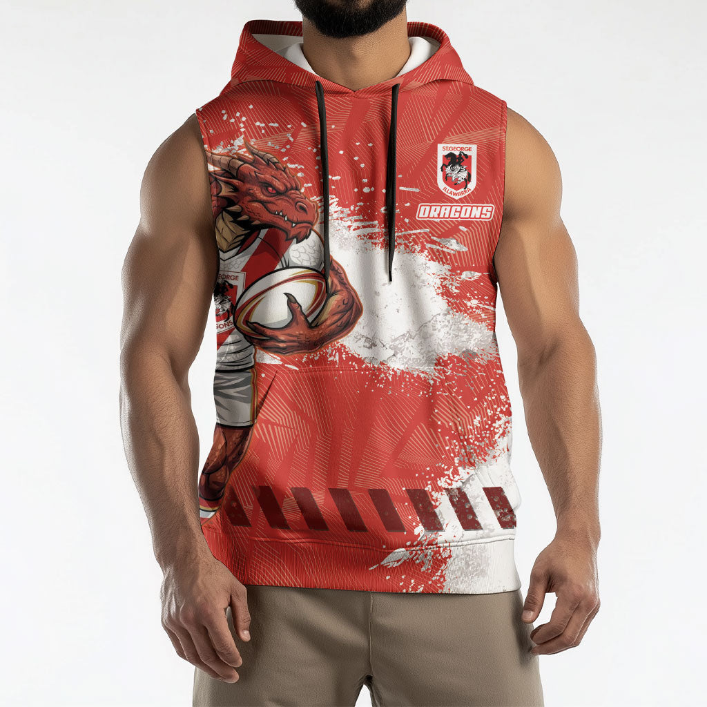 Personalised St. George Illawarra Dragons Rugby Sleeveless Hoodie Red Dragon Mascot - Sporty Splash Art Style