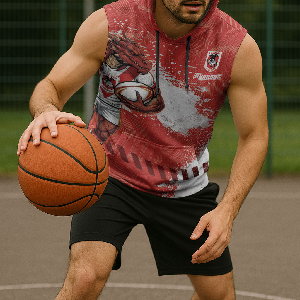 Personalised St. George Illawarra Dragons Rugby Sleeveless Hoodie Red Dragon Mascot - Sporty Splash Art Style