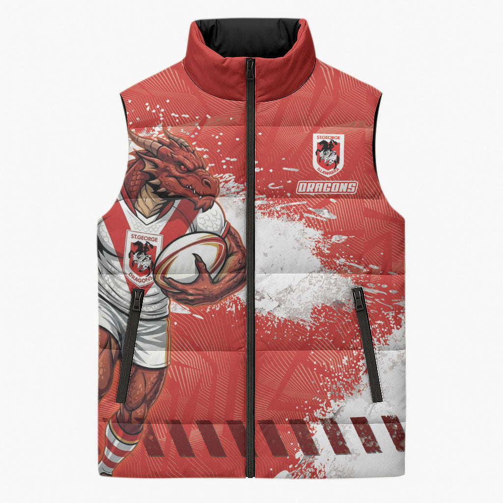 Personalised St. George Illawarra Dragons Rugby Sleeveless Puffer Jacket Red Dragon Mascot - Sporty Splash Art Style